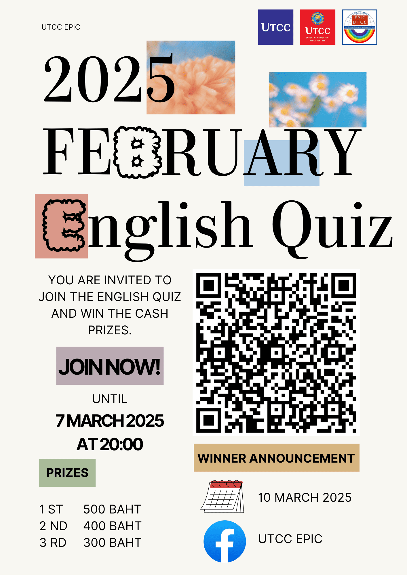 💰มาเติมพลังสมองหลังจากสอบกลางภาคด้วยการทดสอบความรู้ภาษาอังกฤษและลุ้นรับเงินรางวัลกันหน่อยดีกว่า English Quiz (February 2025)   ขอเชิญนักศึกษาทุกคณะ ทุกชั้นปีเข้าร่วมกิจกรรมตอบคำถามภาษาอังกฤษออนไลน์ผ่านระบบ MS Forms💻